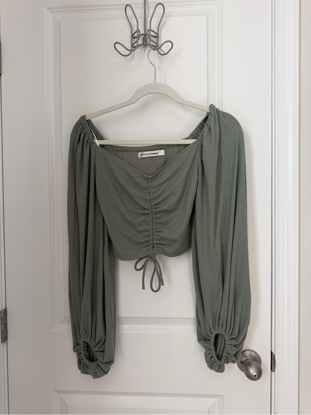 Ruched Sage Crop Top with Balloon Sleeves